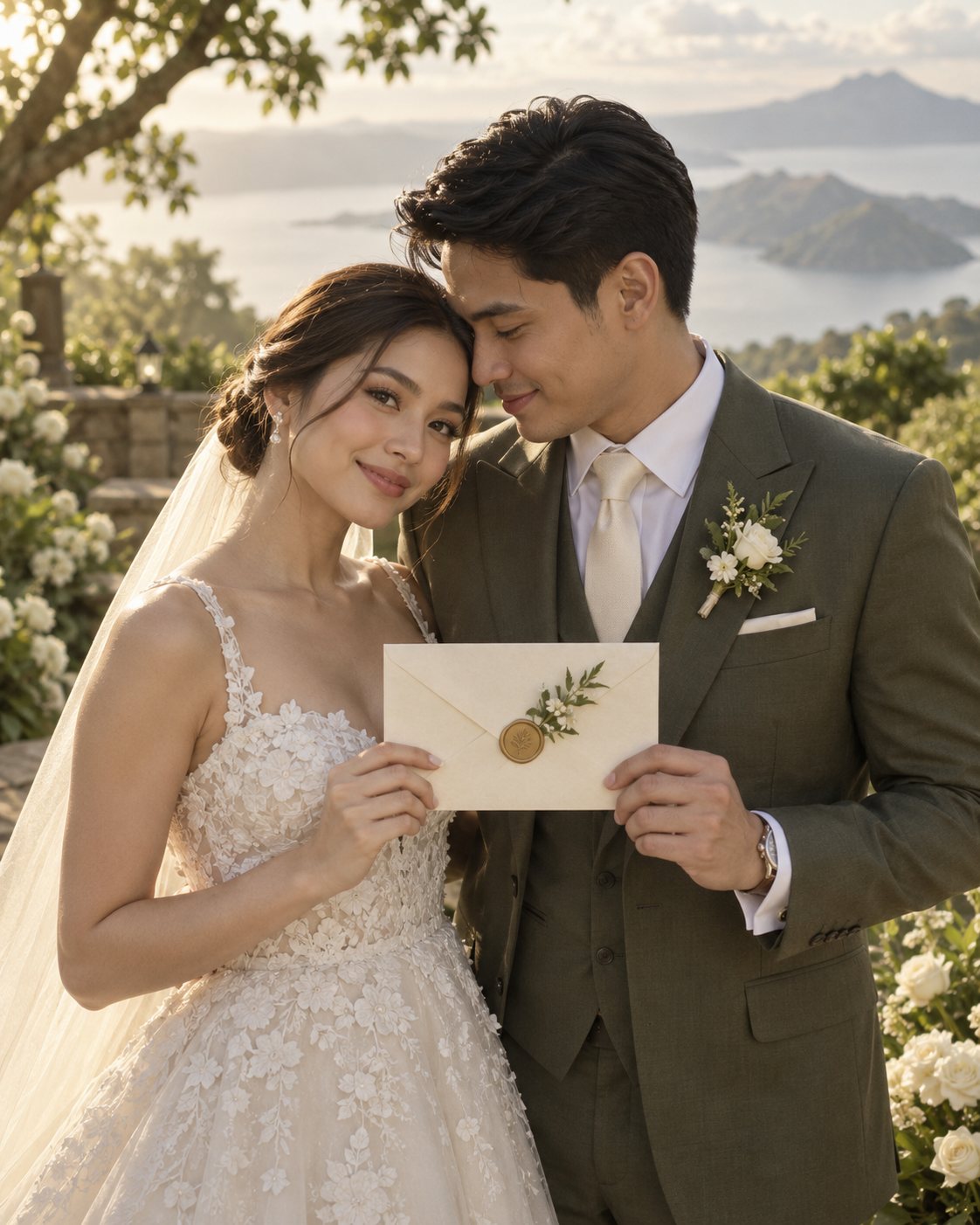 Bride and groom holding a wedding invitation envelope
