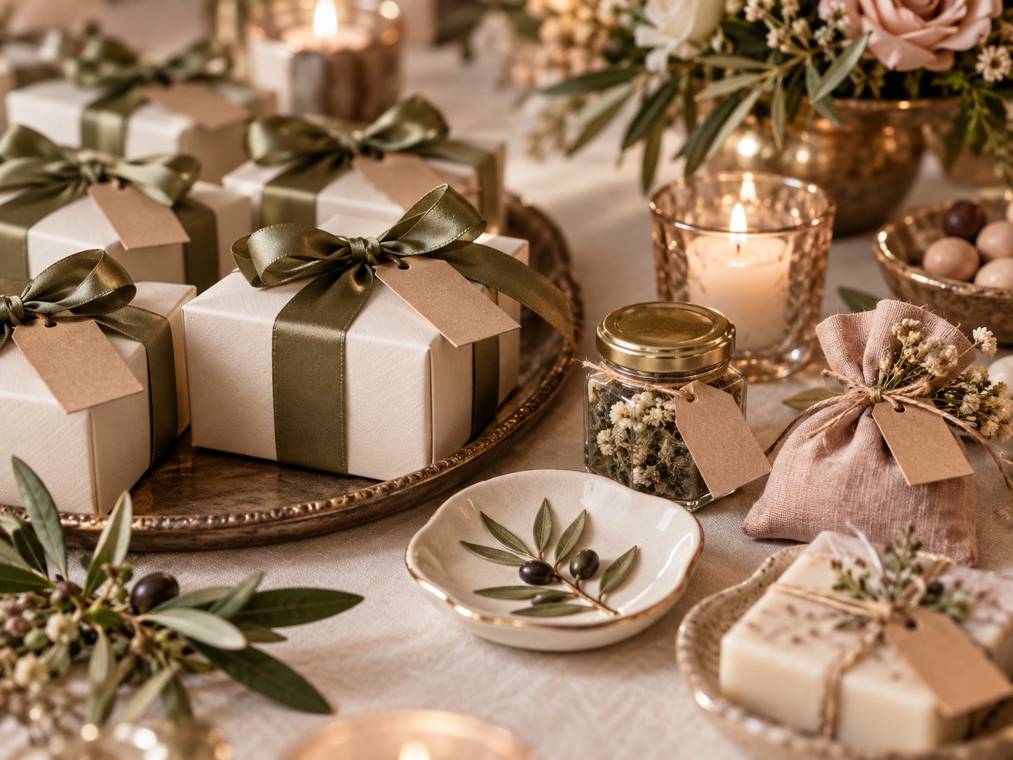 Wedding souvenirs with olive ribbons and keepsake favors